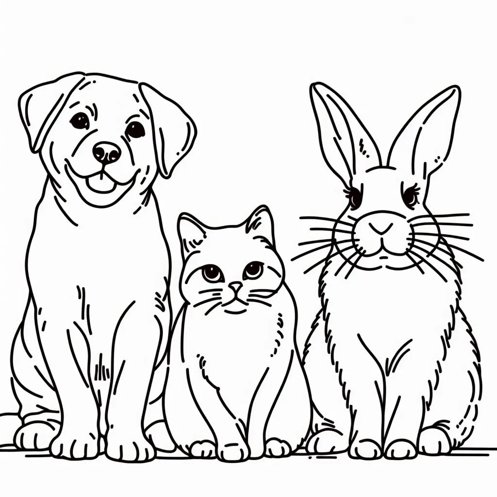 A Dog 🐶 a Cat 🐱 and a Rabbit 🐰 Coloring Page