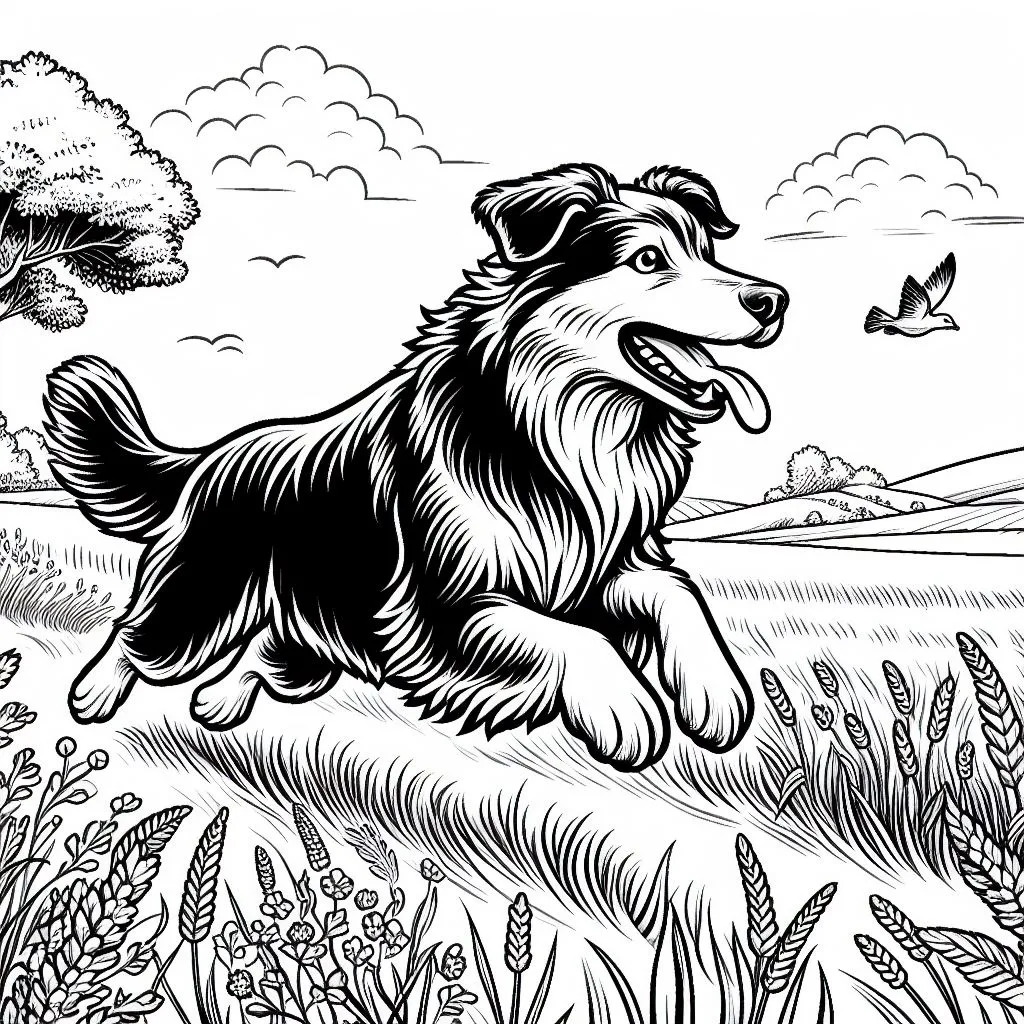 A Dog Running in the Fields with a Bird Flying by 🐶🌾🐦 Coloring Page
