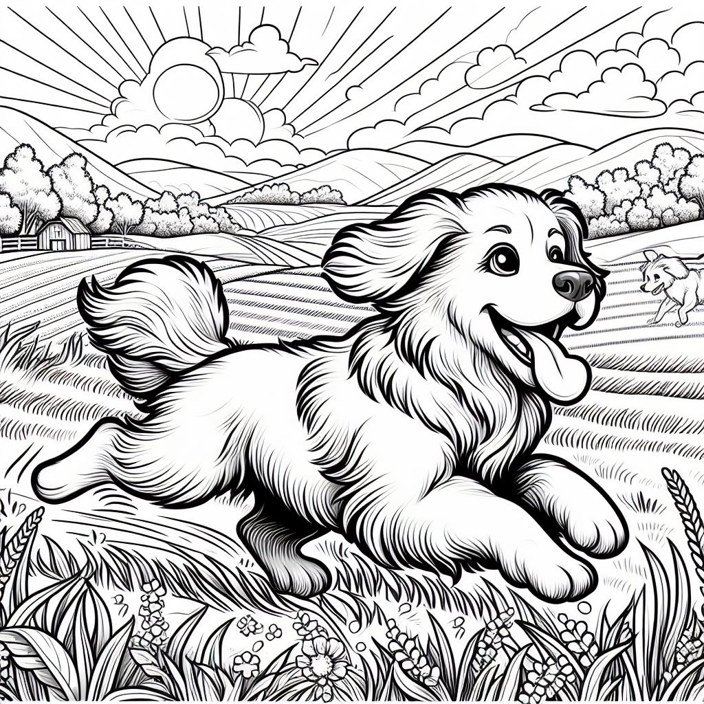 A Dog Running in a Field Happily 🐶🏞️ Coloring Page
