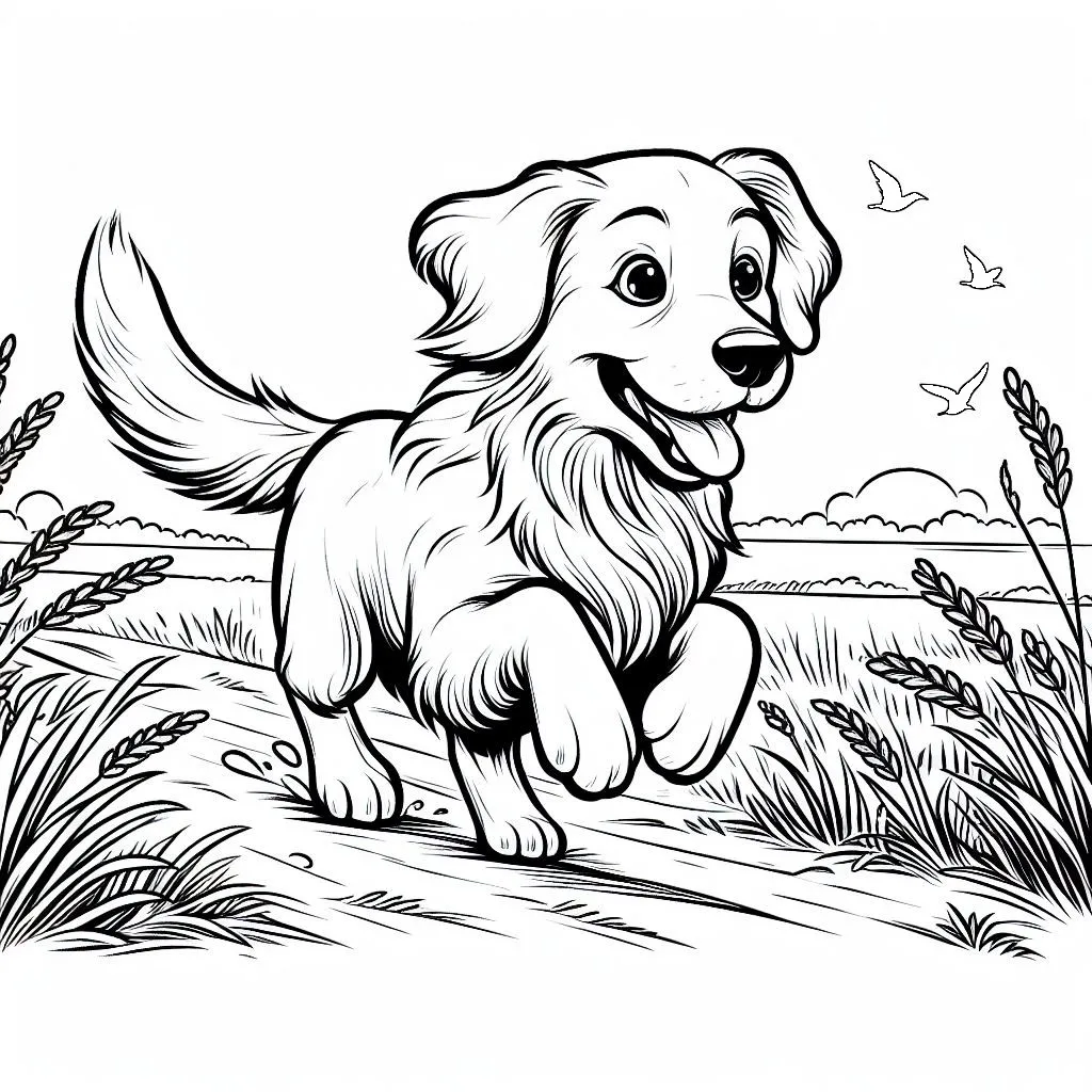A Cute Dog 🐶 Running in the Field 🐾🏞️ Coloring Page