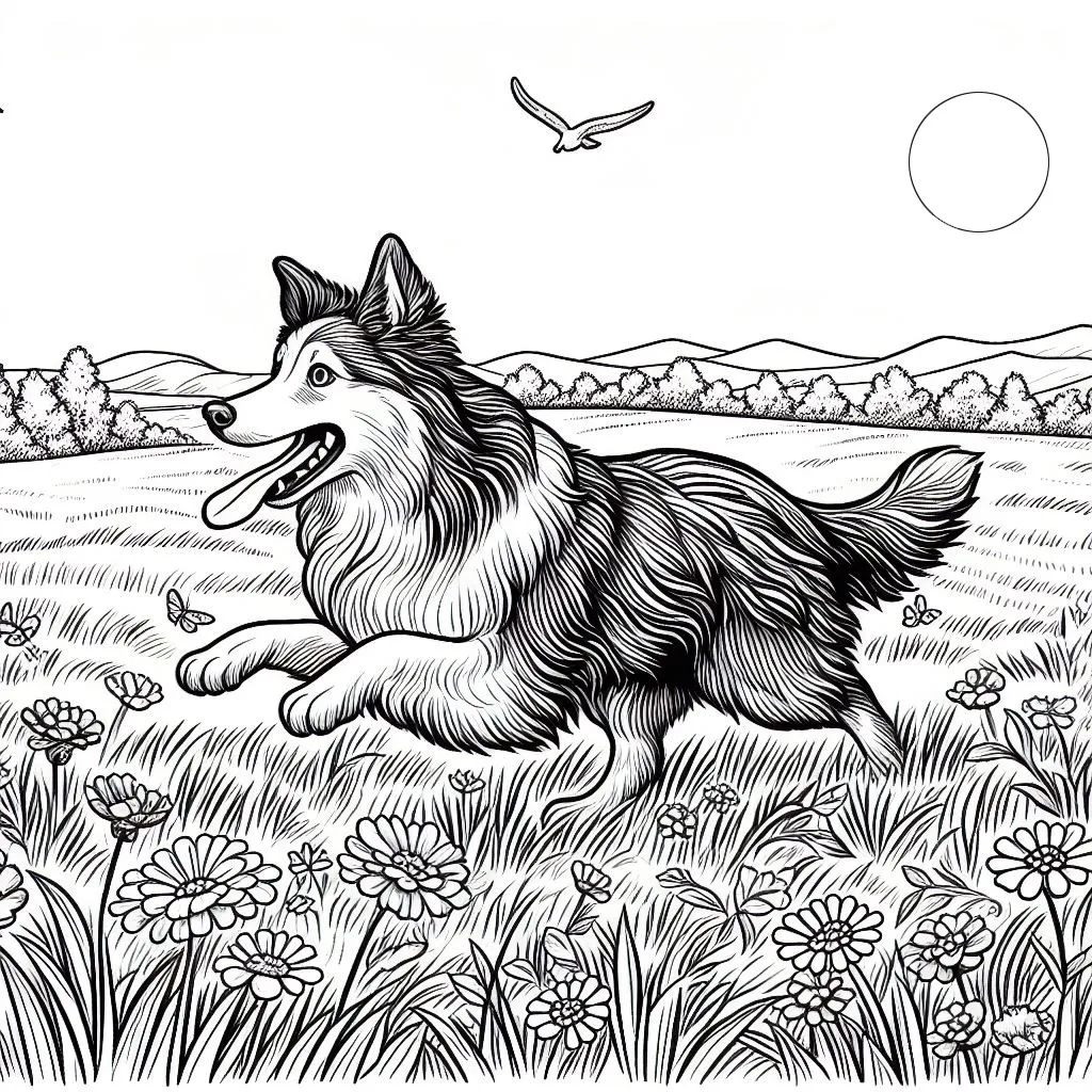 A Cute Dog 🐶 Running in the Field on a Sunny Day 🐾🏞️☀️ Coloring Page