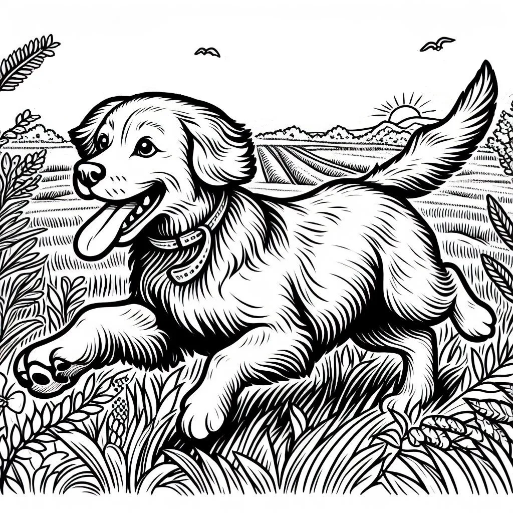 A Cute Dog 🐶 Running in the Field at Sunset 🐾🏞️🌅 Coloring Page