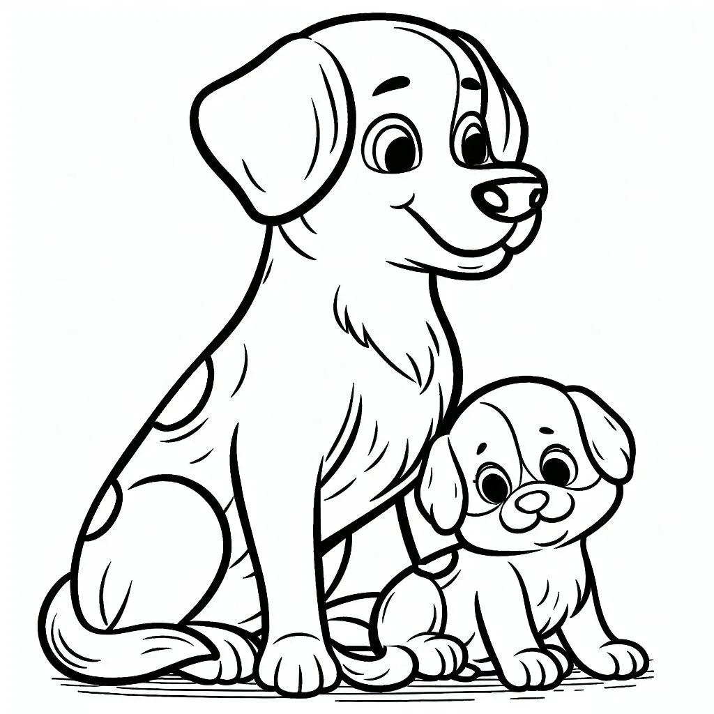 Dog 🐶 Sitting with Cute Puppy 🐾👶 Coloring Page