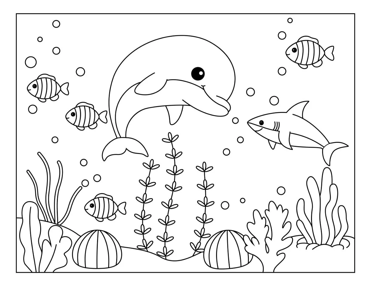 Dolphin and Fish Swimming in a Colorful Ocean Reef 🐬🐠🌊🐚✨ Coloring Page