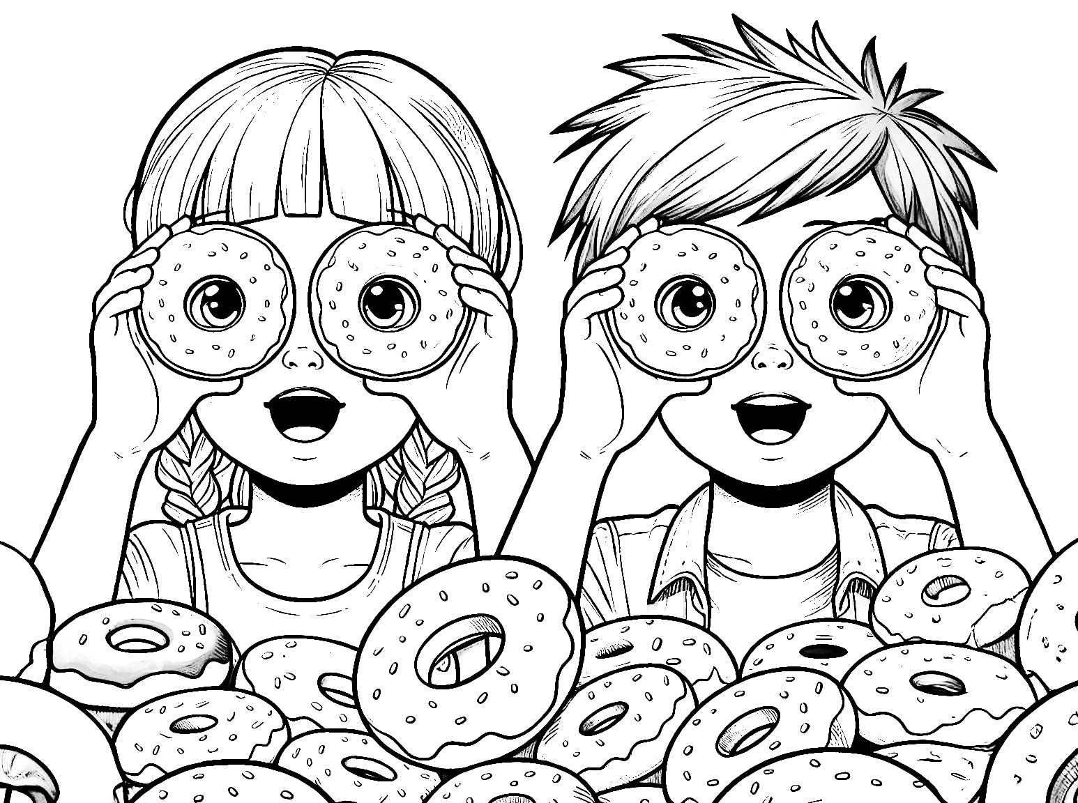 Boy and Girl Looking Through Donuts 🍩👀👧👦 Coloring Page