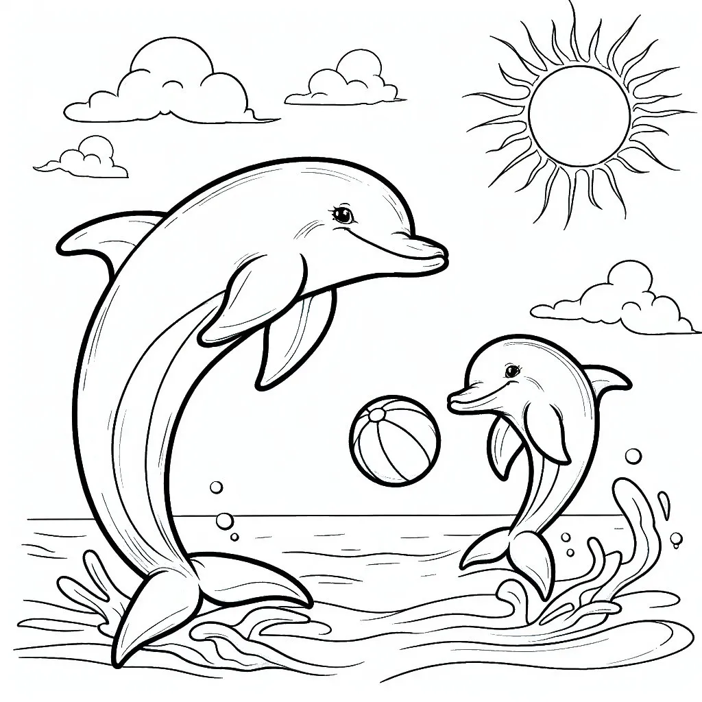 Dolphin Mother and Baby Dolphin Playing with Ball 🐬👶🏀 Coloring Page