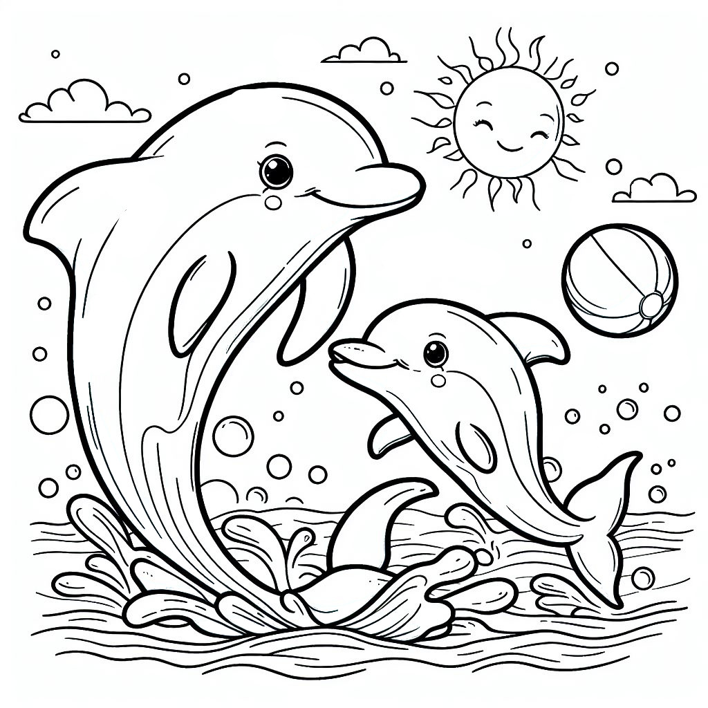 Dolphin Mother and Baby Dolphin Playing with Ball 🐬👶🏀 Coloring Page