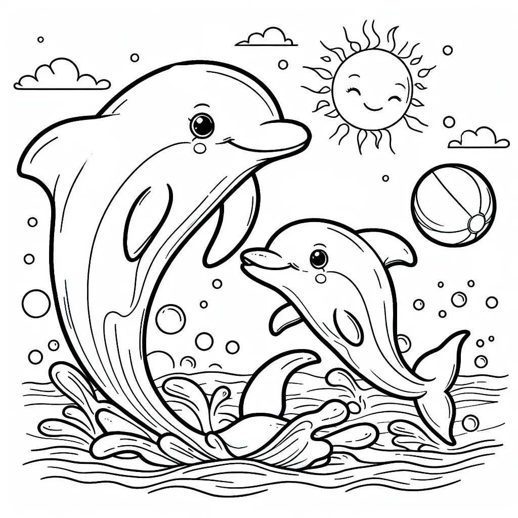 Dolphin Mother and Baby Dolphin Playing with Ball 🐬👶🏀 Coloring Page