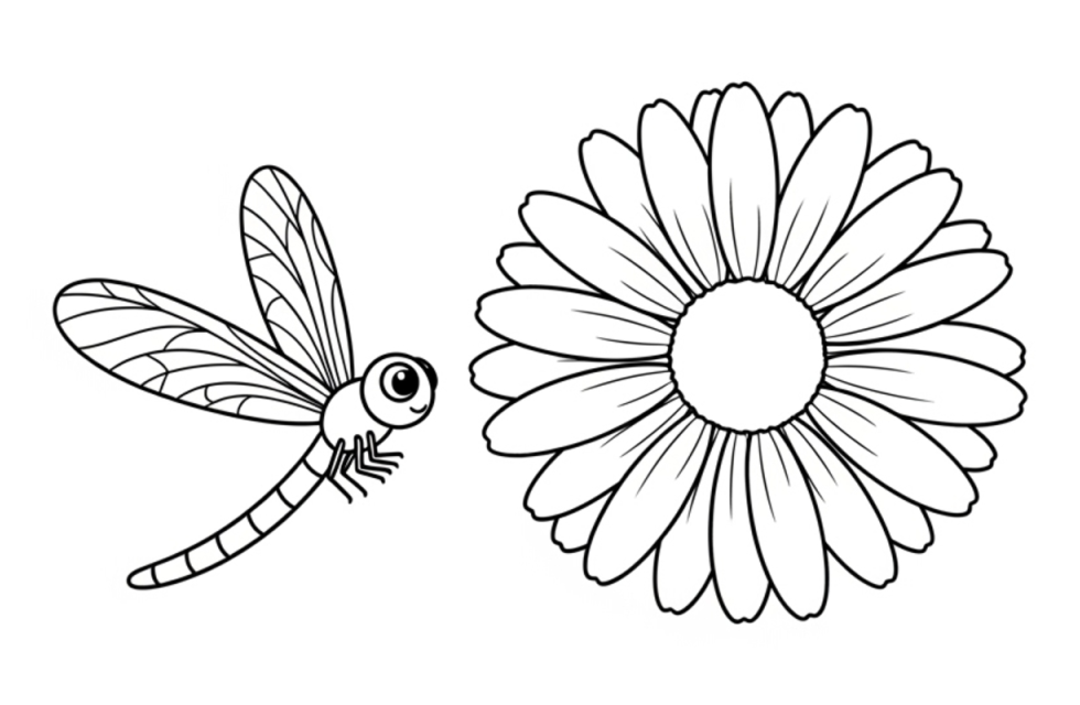 Dragonfly with Daisy in Springtime 🦋🌼🌸 Coloring Page