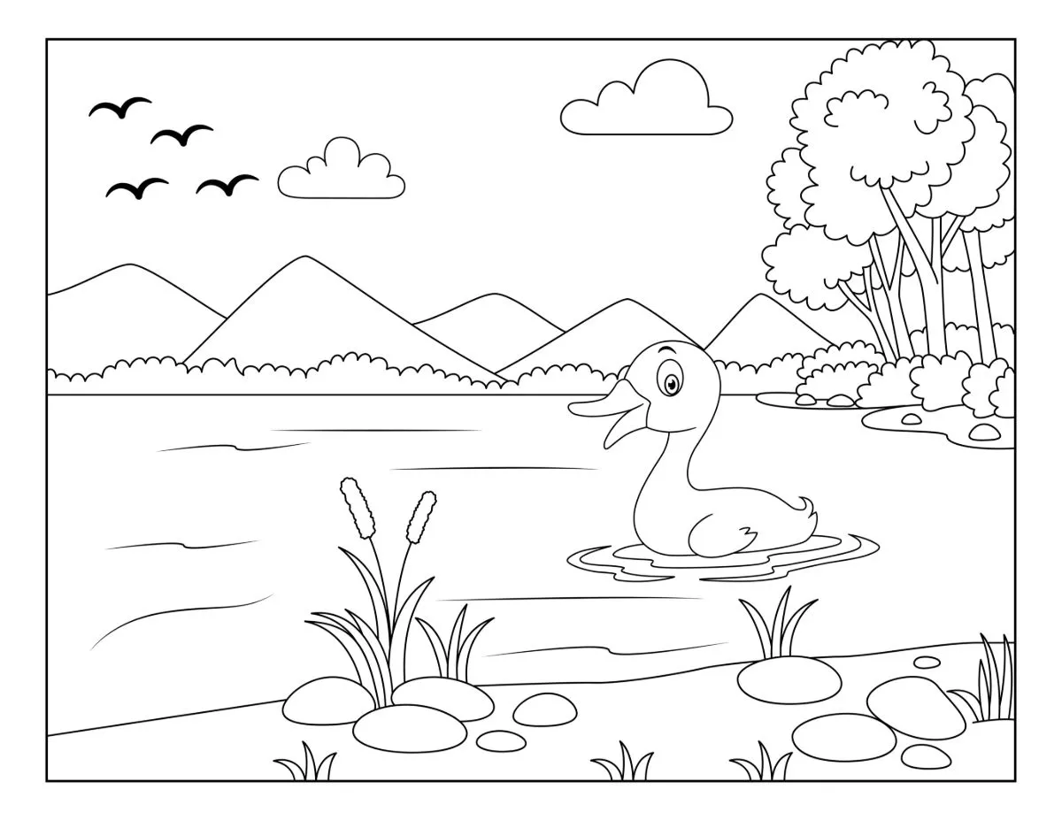 Duck Swimming in a Lake Surrounded by Mountains and Trees 🦆🏞️🌲💧 Coloring Page