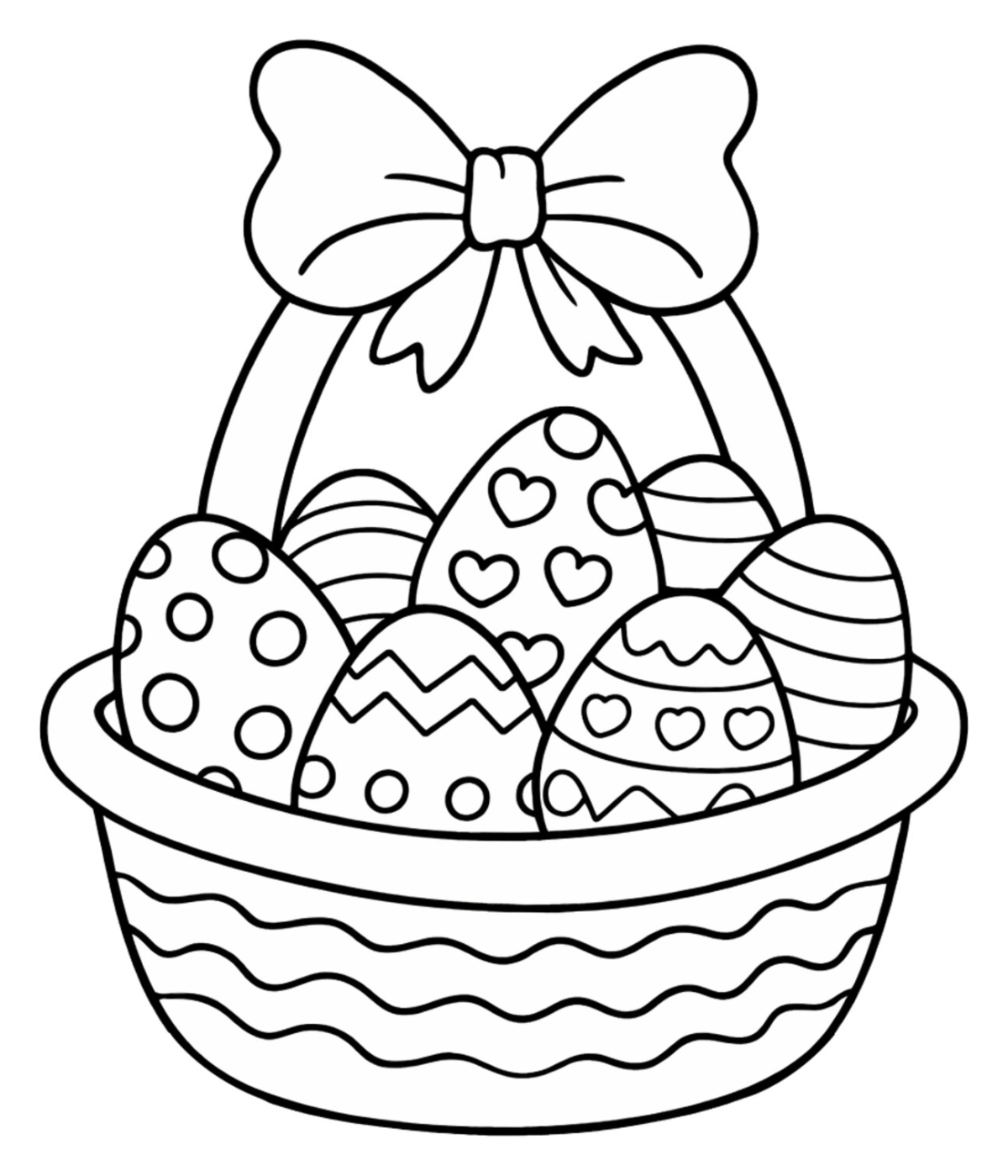 Easter Basket with Colorful Eggs and Large Bow 🐣🧺🎀 Coloring Page