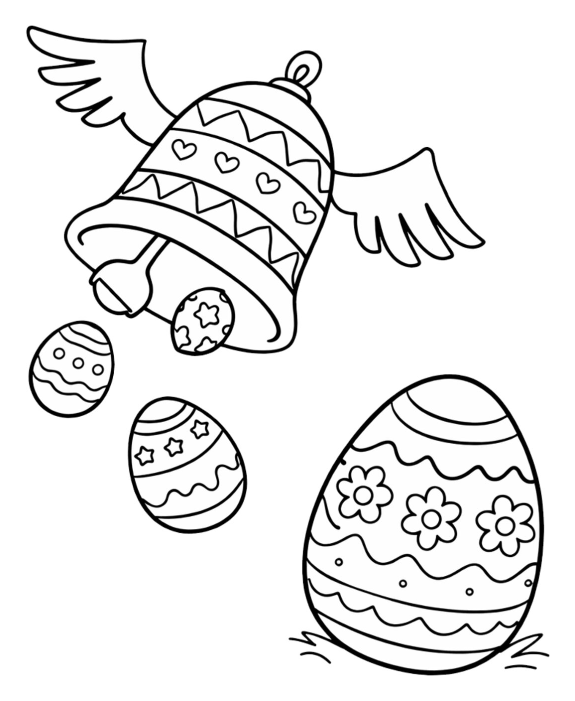 Easter Bell with Wings Bringing Easter Eggs 🐣🔔🌟 Coloring Page