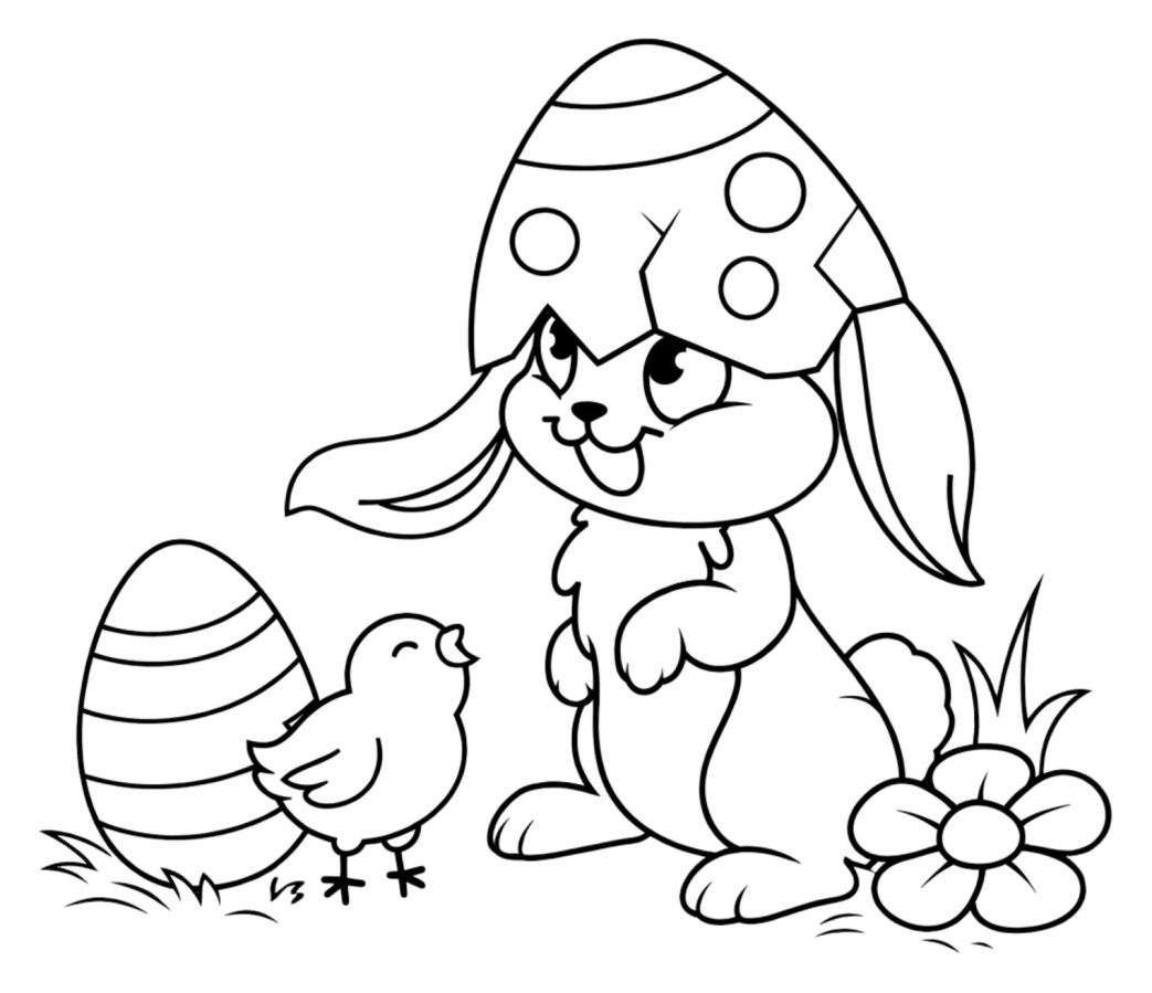 Easter Bunny and Chick Friends Sitting in the Grass 🐰🐣🌿 Coloring Page