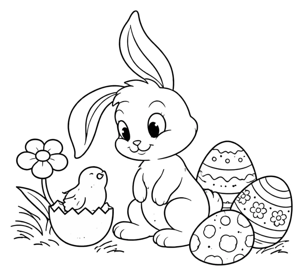 Easter Bunny with Chick and Colorful Easter Eggs 🐰🐣🥚 Coloring Page