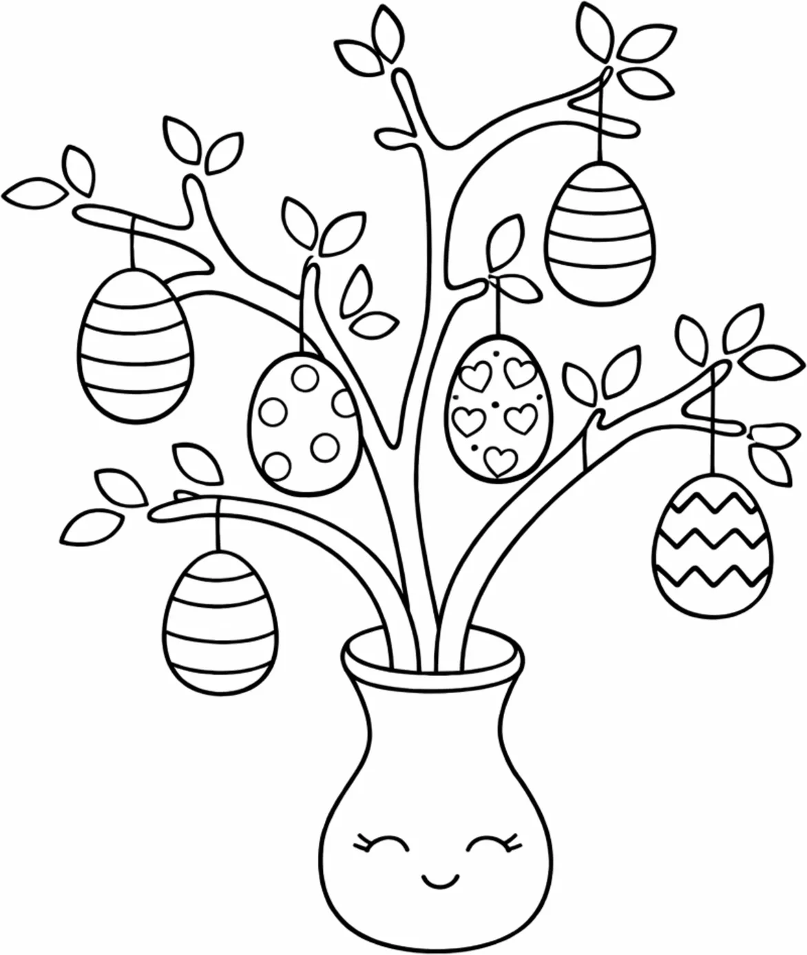 Easter Eggs Hanging on Tree Branches with Leaves 🌿🐣 Coloring Page