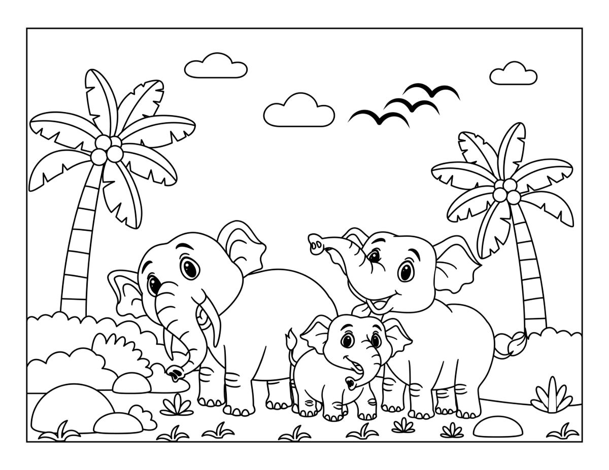 Elephant Family in a Tropical Landscape with Palm Trees and Birds 🐘🌴 Coloring Page