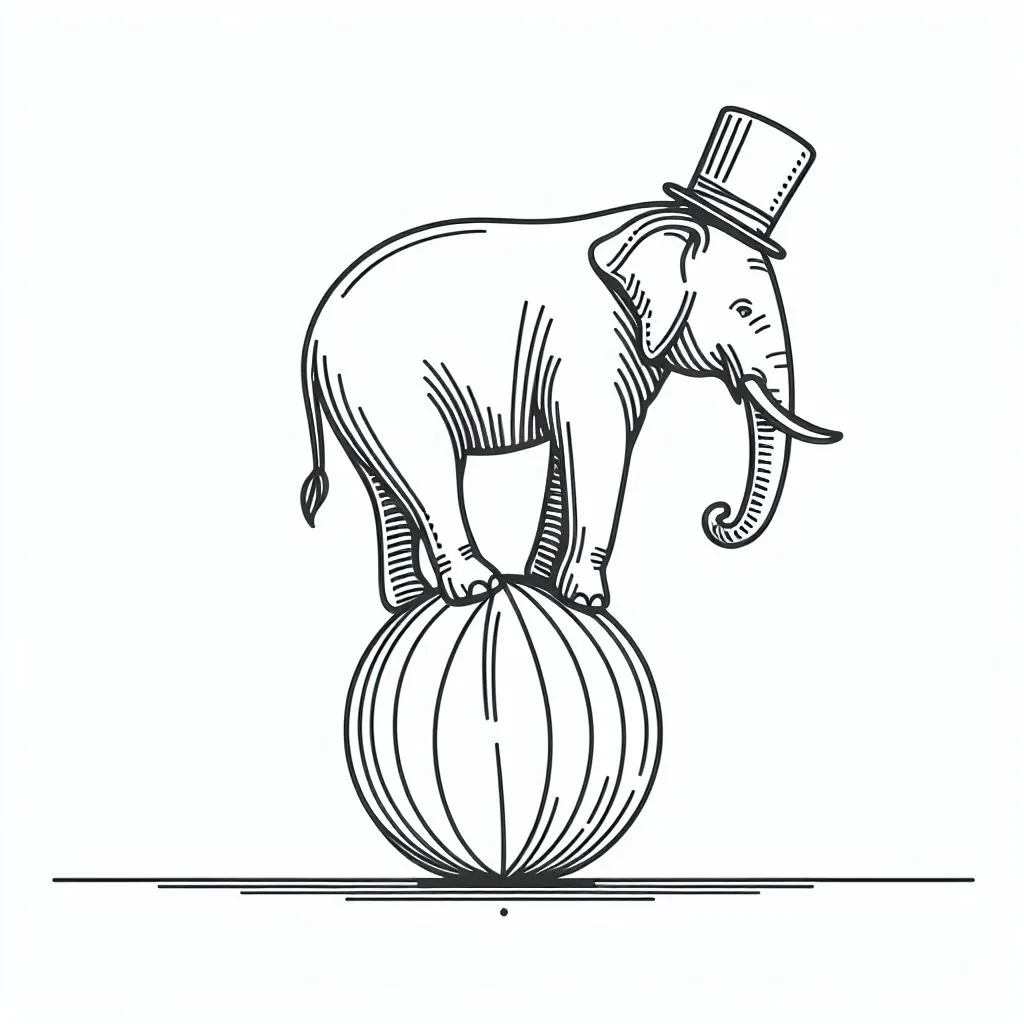 Elephant with Hat on Ball 🐘🎩🎈 Coloring Page