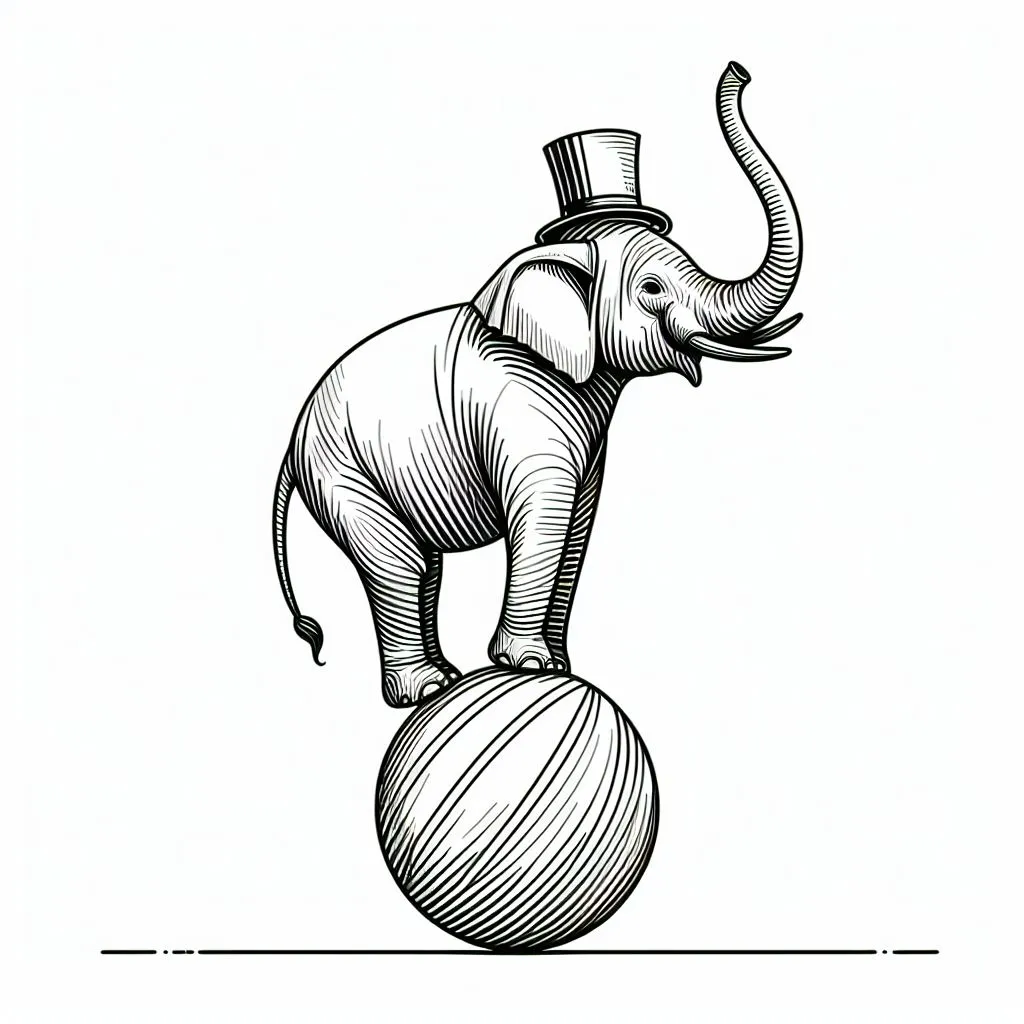 Elephant with Hat on Ball 🐘🎩🎈 Coloring Page