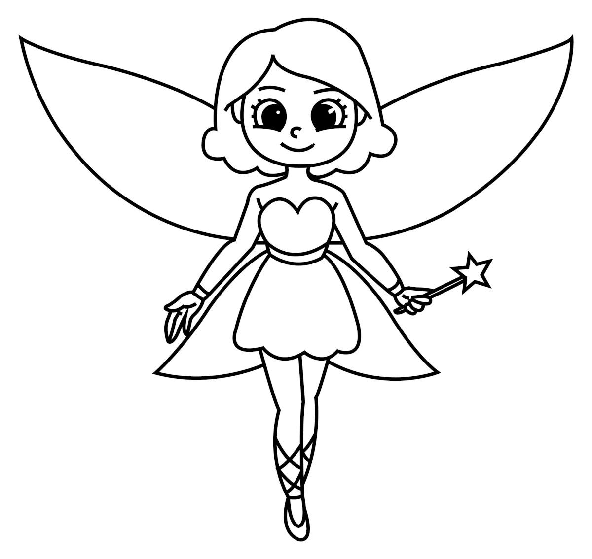 Cute Cartoon Fairy Girl with Blue Wings, Magic Wand, and Dress ✨🧚‍♀️💫🌟 Coloring Page