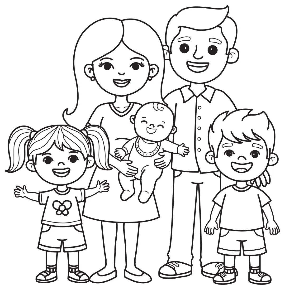 Family of Five with Smiling Faces 😊👶👦👧 Coloring Page