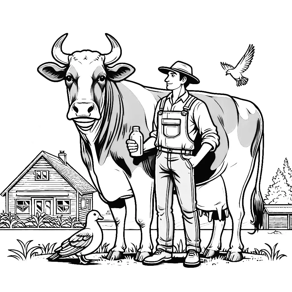 Farmer Standing Next to Cow with Bottle of Milk 🐄🥛 Coloring Page