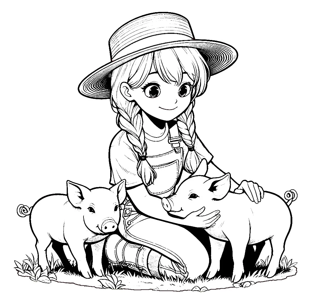 Farmer Girl Cuddling Two Piglets Baby Pigs 👩‍🌾🐷❤️ Coloring Page