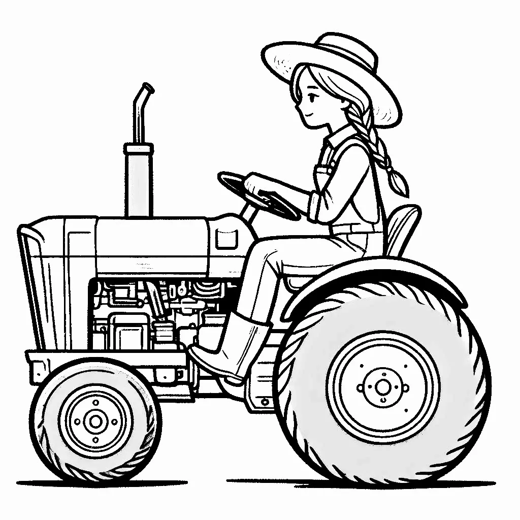 Farmer Girl on Tractor 🚜👩‍🌾 Coloring Page