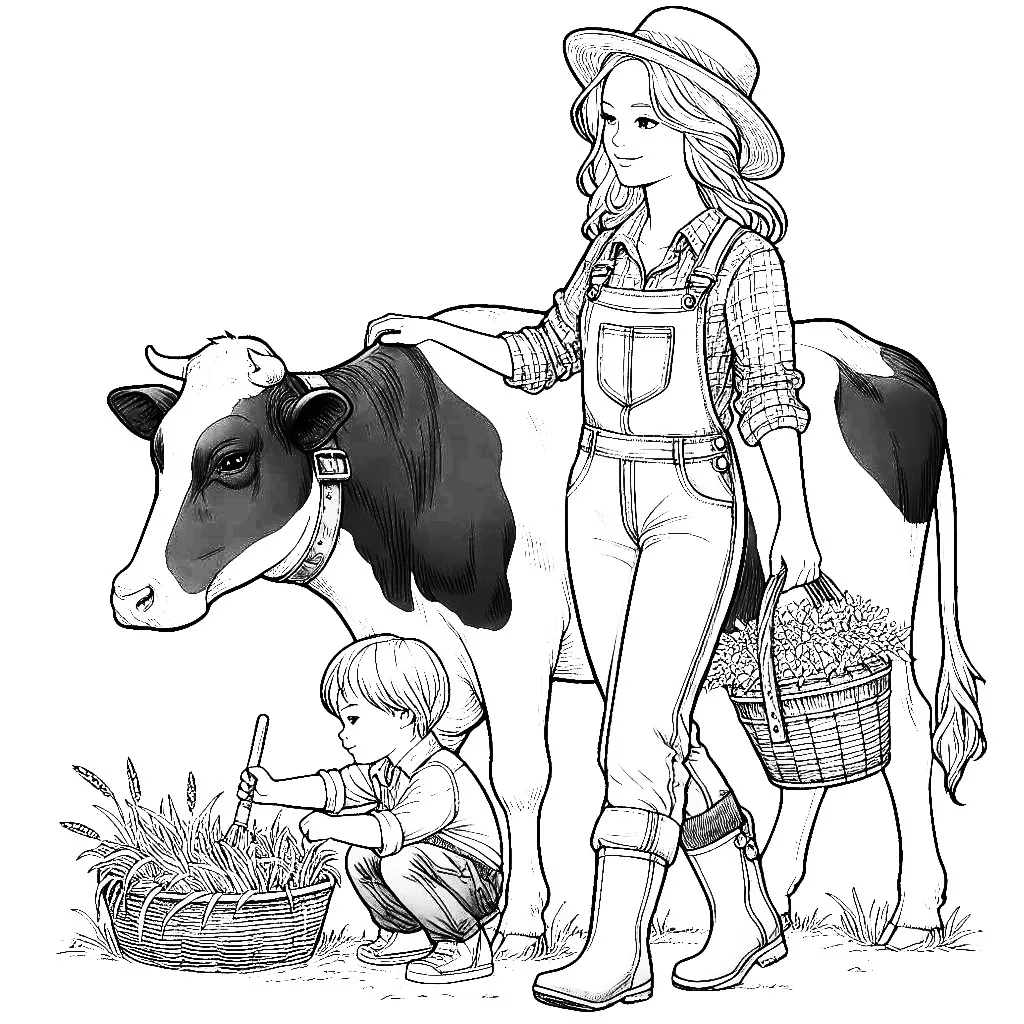 Farmer Lady with Cow and Boy 🌾👩🐄👦 Coloring Page