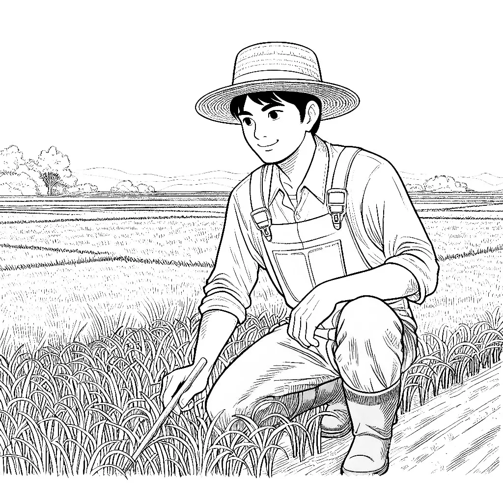 Farmer Kneeling on the Field 🌾👨‍🌾 Coloring Page