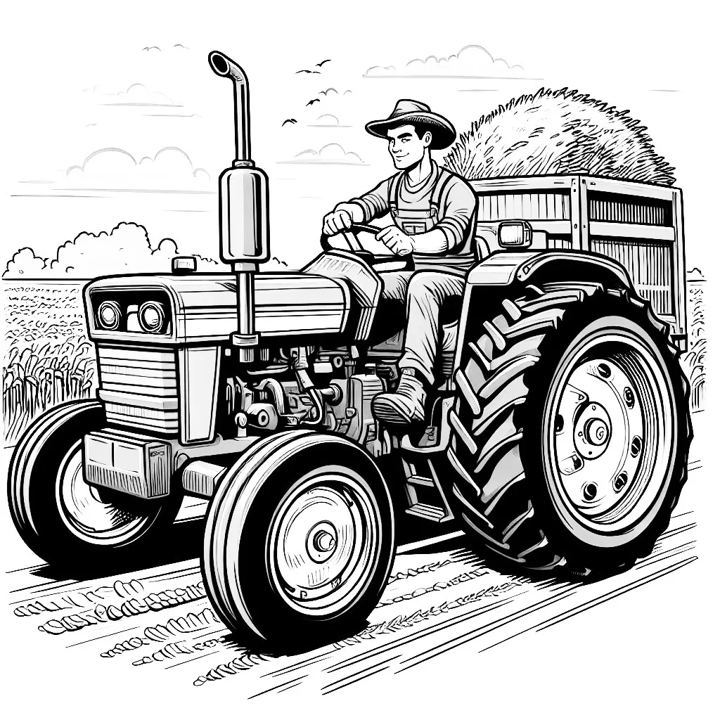Farmer Driving Tractor Carrying Wheat 🚜🌾 Coloring Page