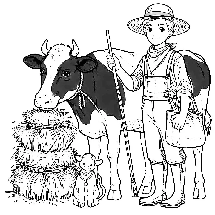 Farmer Standing Next to Cow with Baby Calf 🚜👨🐄🌾🐮👶🐮🌾 Coloring Page