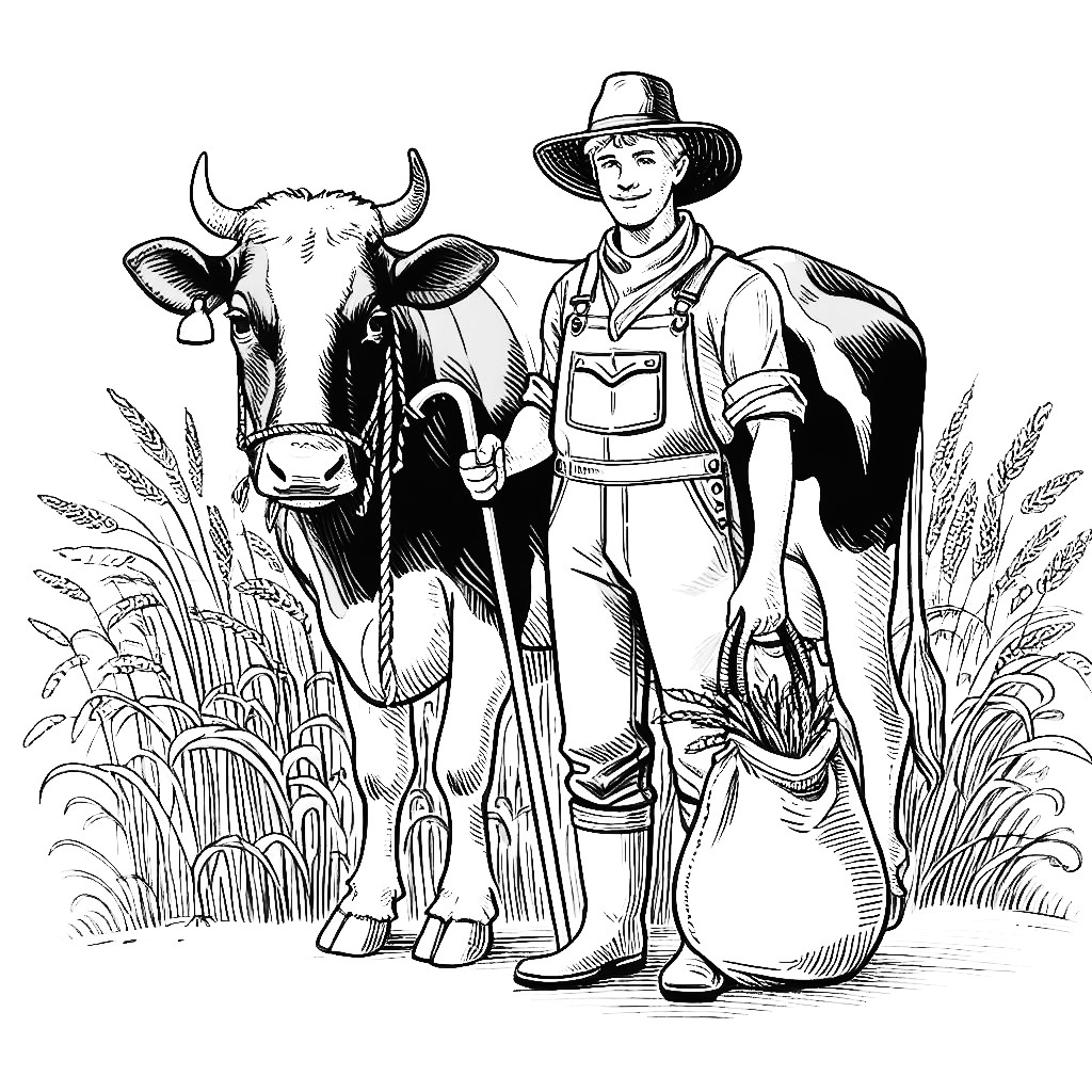 Farmer Standing Next to Cow with Bag of Wheat on Field 🐄👦🌾 Coloring Page