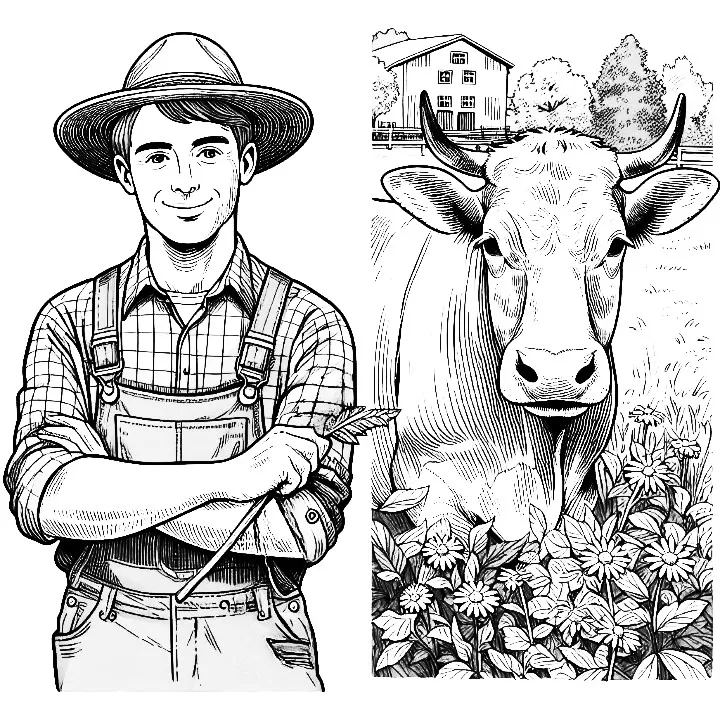 Farmer Standing Next to Cow with Leaf on Field with Flowers 🐄👨🌱🌸 Coloring Page