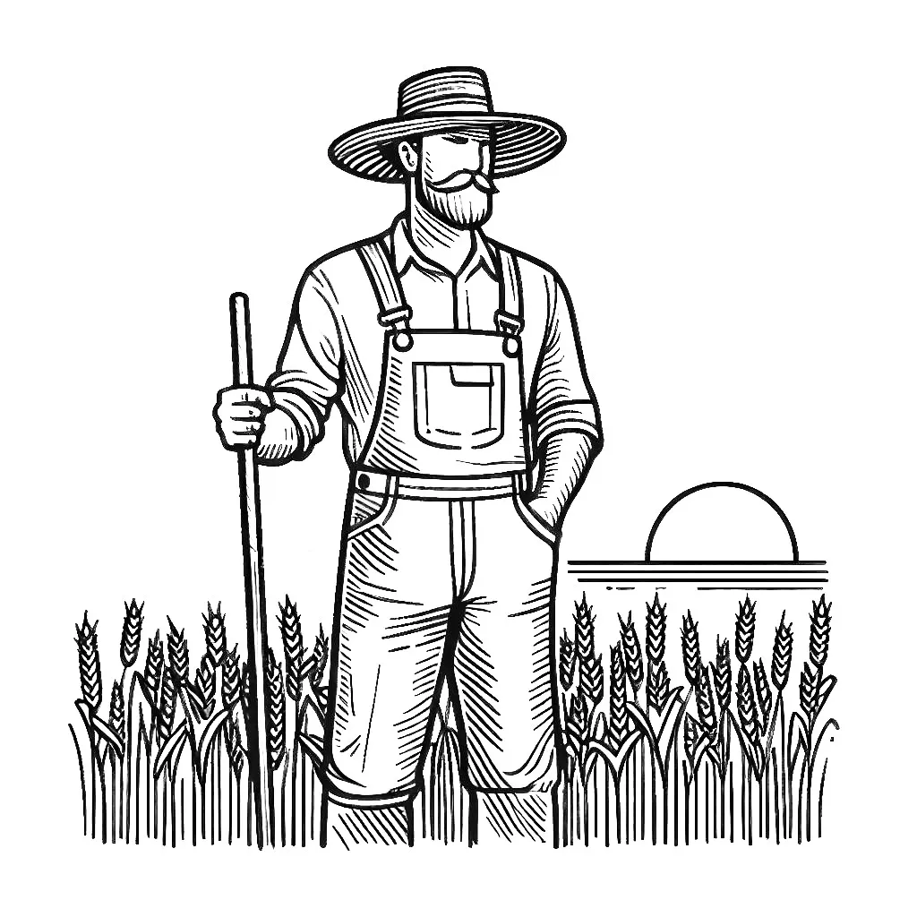 Farmer Standing in Wheat Field at Sunset 🌾👨‍🌾🌅 Coloring Page