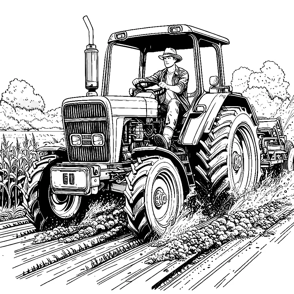 Farmer in Tractor on Field 🚜👨‍🌾 Coloring Page