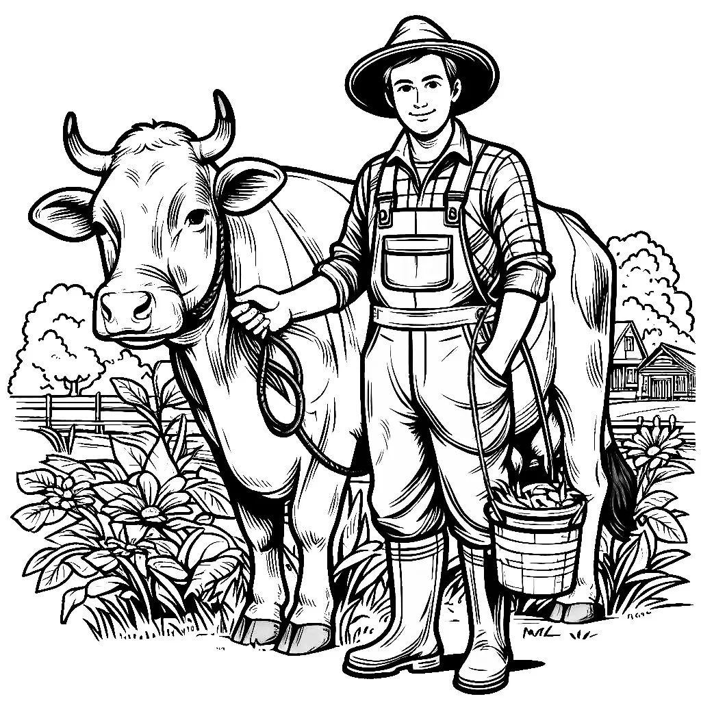 Farmer with Cow on Field 🚜👨🐄🌾 Coloring Page
