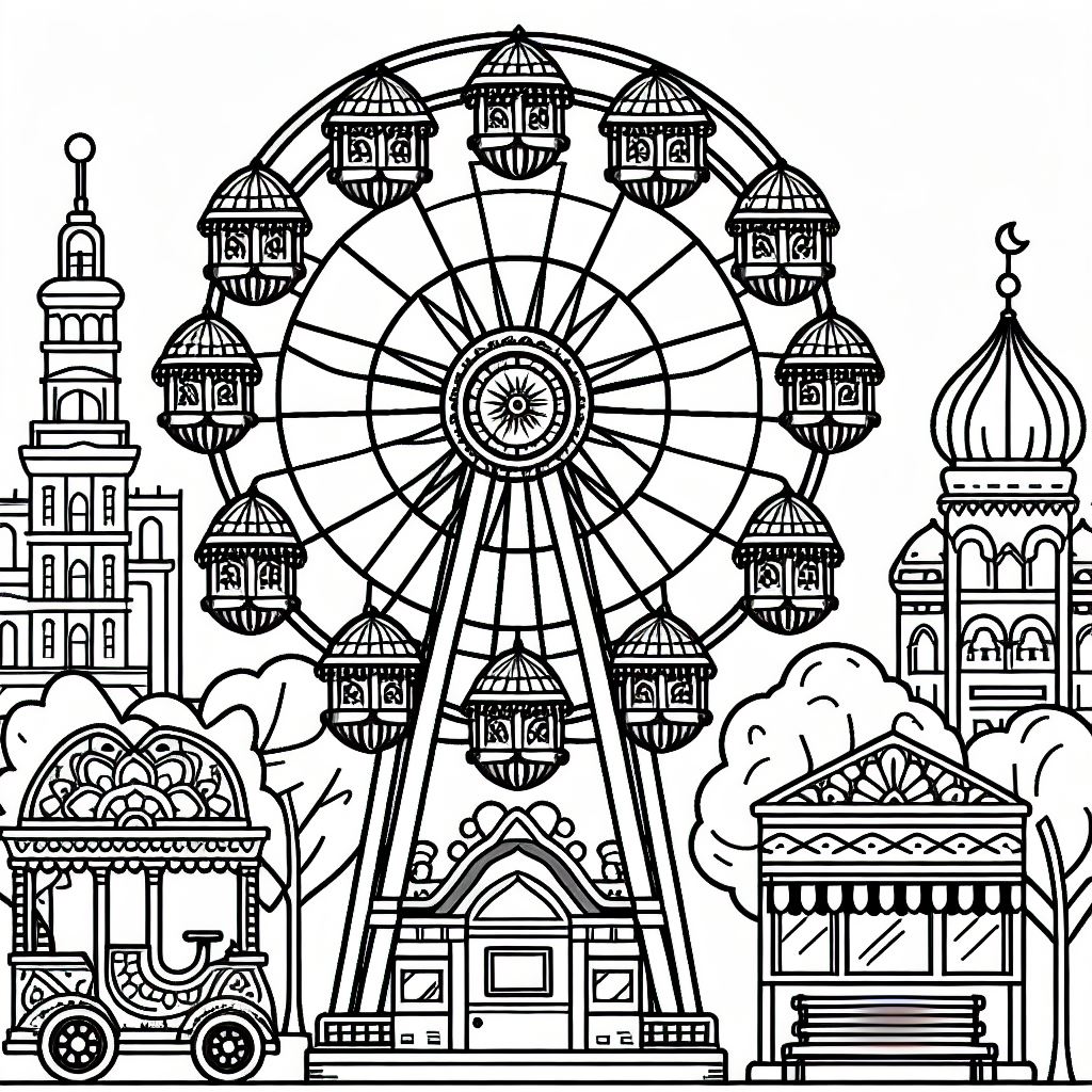 Ferris Wheel in Theme Park 🎡🏞️ Coloring Page