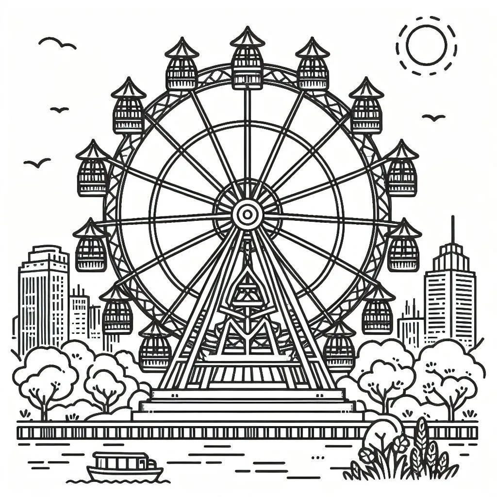 Ferris Wheel in Theme Park with Sun and Boat 🎡🏞️🌅🚤 Coloring Page