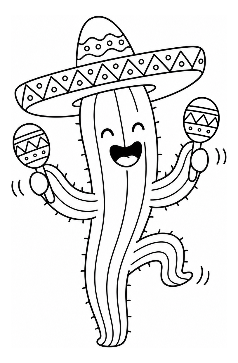 Festive Cactus Playing Mariachi with Sombrero and Marinera 🌵🎶🎉 Coloring Page