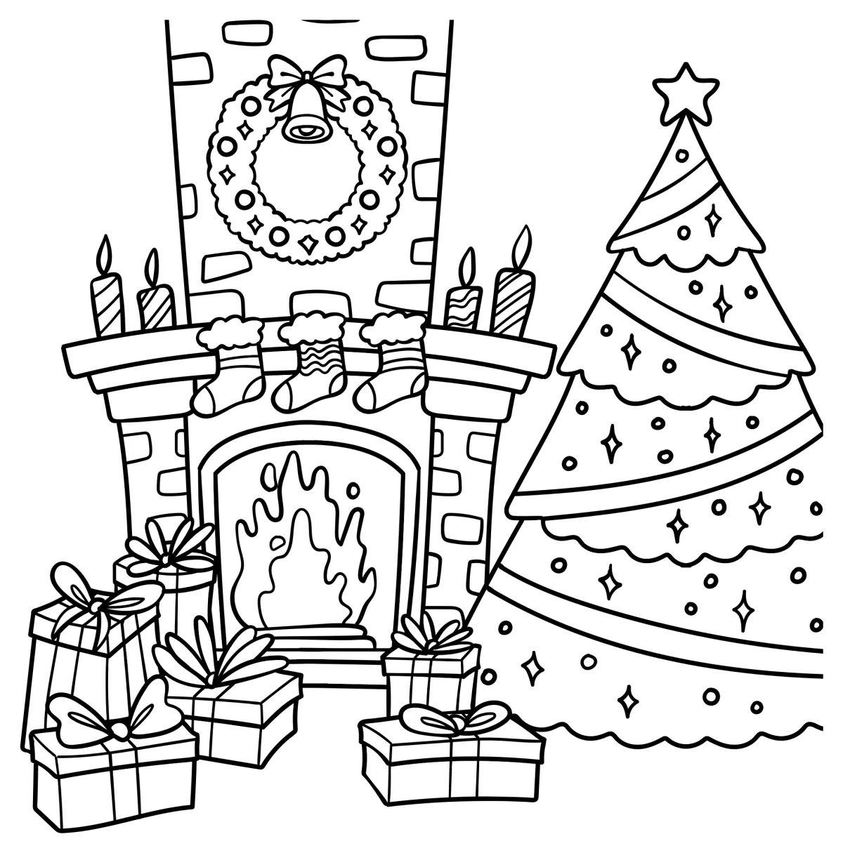 A cozy Christmas scene with a fireplace, stockings, and wrapped gifts 🎄🎁🔥 Coloring Page