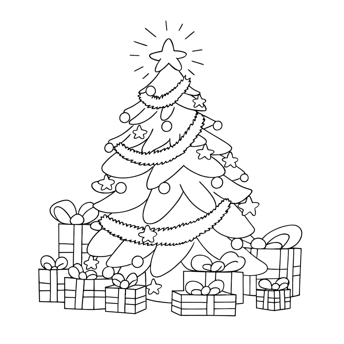 A Beautiful Christmas Tree with Gifts and a Shining Star 🎄🎁✨ Coloring Page