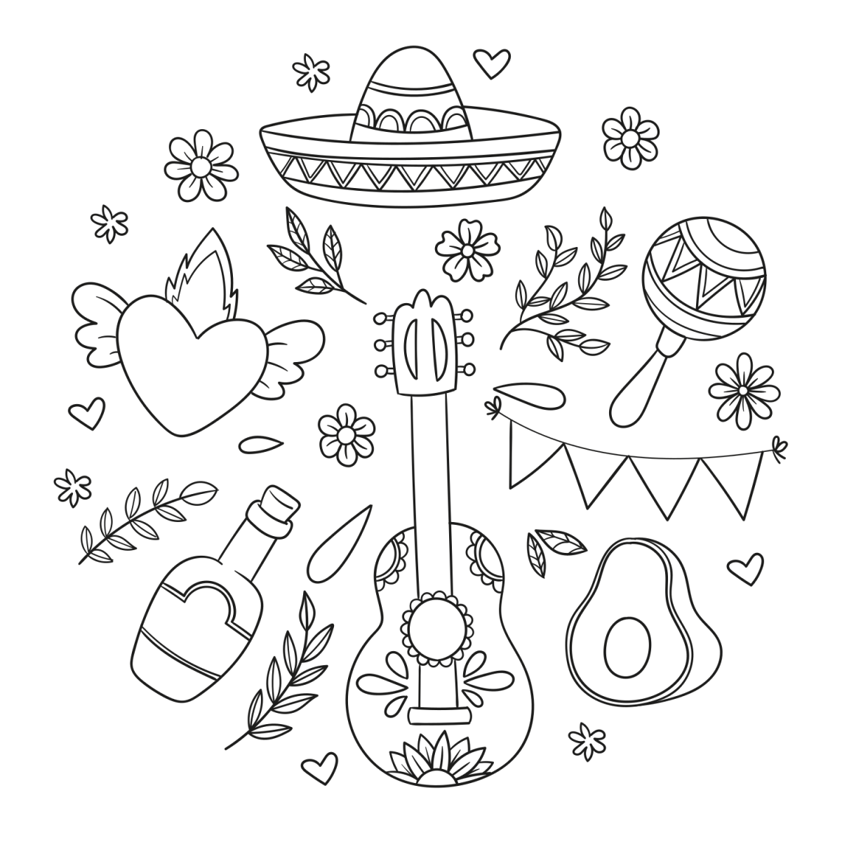 Celebrate Mexican Culture with Music and Traditional Elements 🎶🎉🌵 Coloring Page
