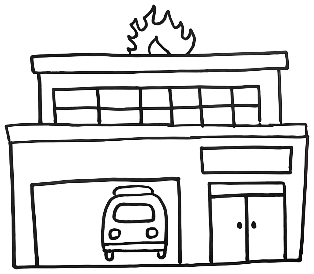 A Fire Station with a Fire Truck and Firefighters 🚒🔥🚒 Coloring Page
