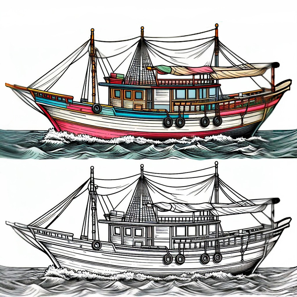 Fishing Boat at Sea 🎣🚤 Coloring Page