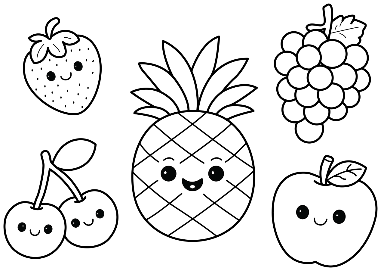 Five Happy Fruits with Cute Faces 🍓🍍🍇 Coloring Page