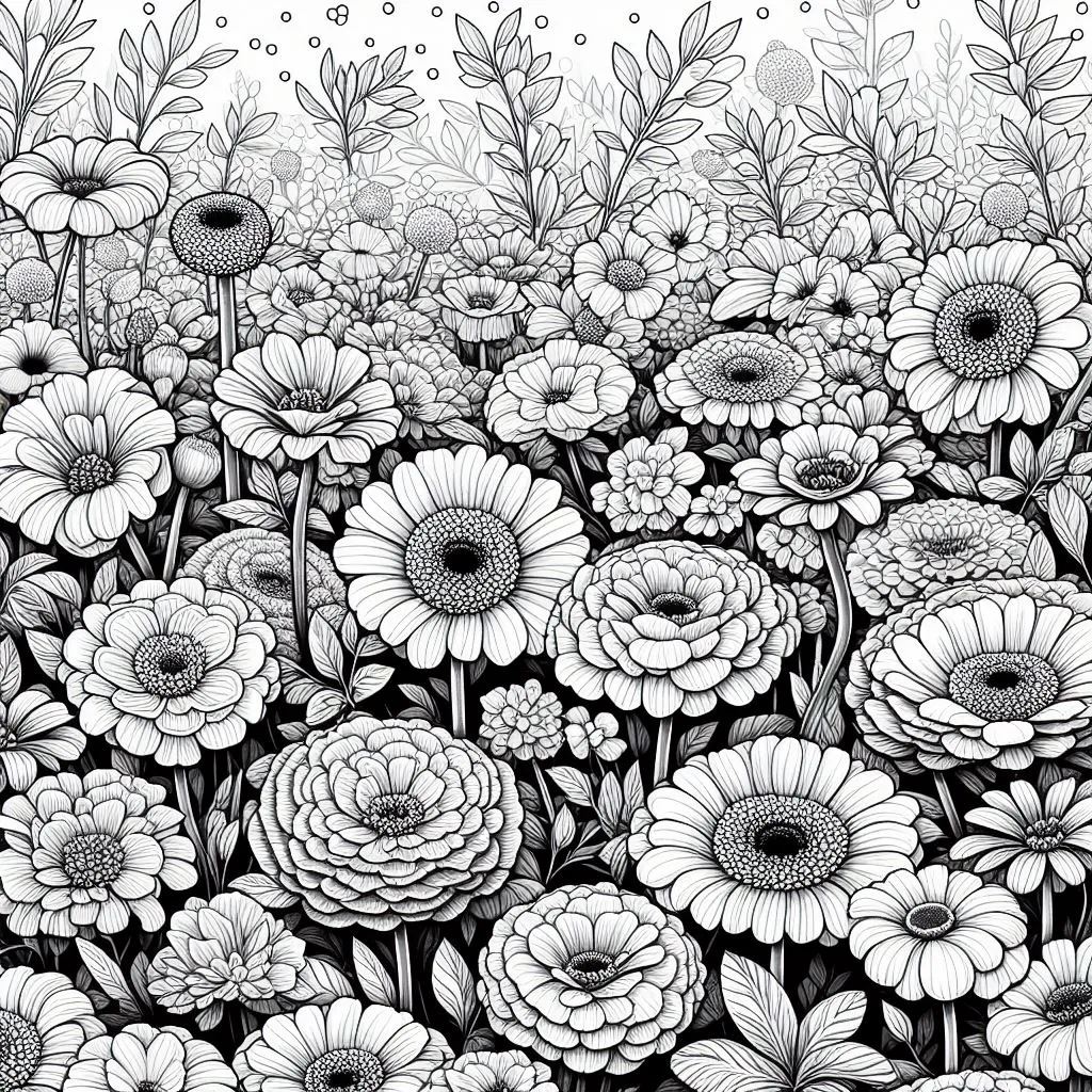 Flowers in the Meadow with Grass 🌼🌿 Coloring Page