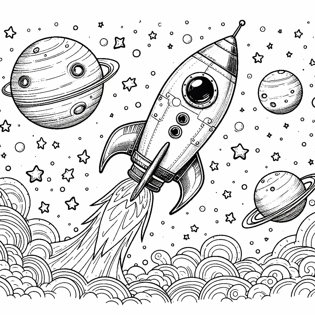 Flying Rocket with Stars and Planets 🚀🌌 Coloring Page