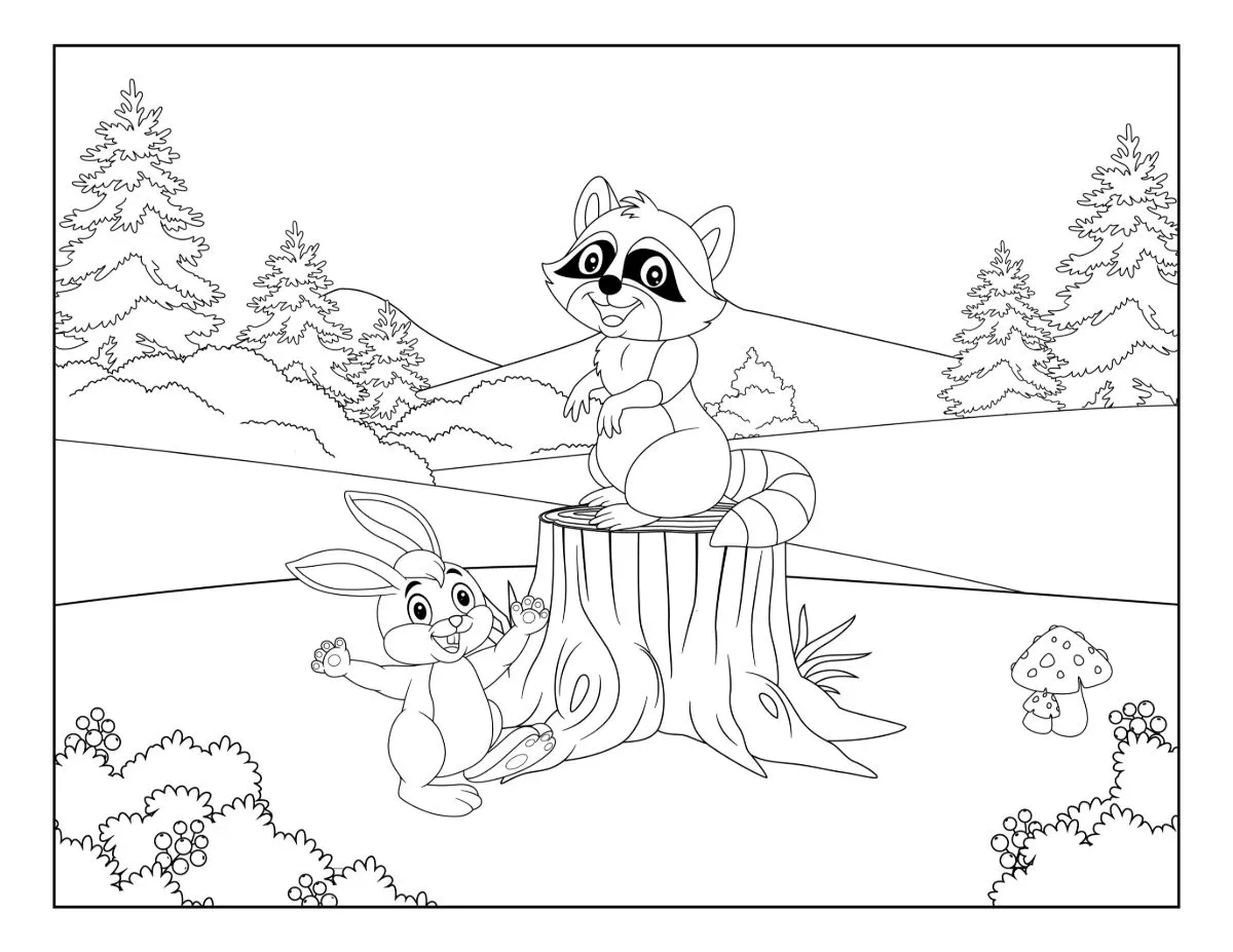 Forest Friends Playing on a Tree Stump in a Peaceful Meadow 🌳🐇🍄🦝🌼 Coloring Page