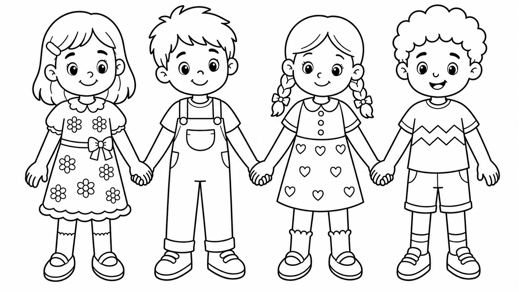 Four Happy Children Holding Hands 👧👦👧👦 Coloring Page