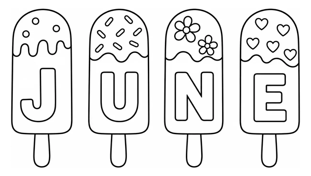 Four Popsicles with Letters of the Month June and Cute Decoration 🍦🍧🍭 Coloring Page